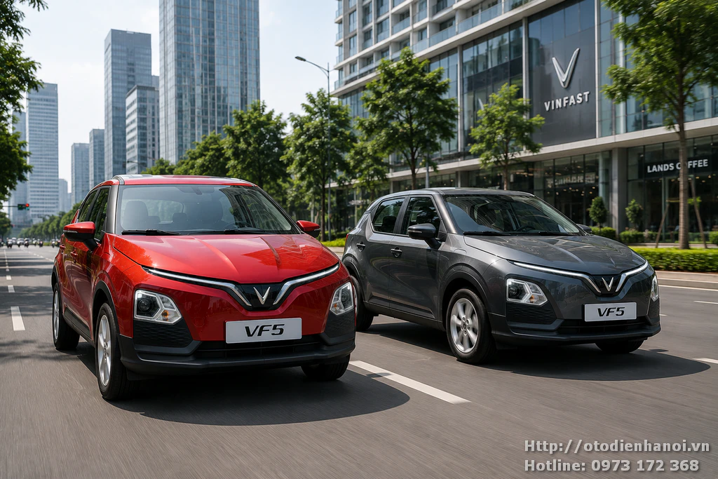 Vinfast Vf5 màu Đỏ và Màu xám chạy trên đường